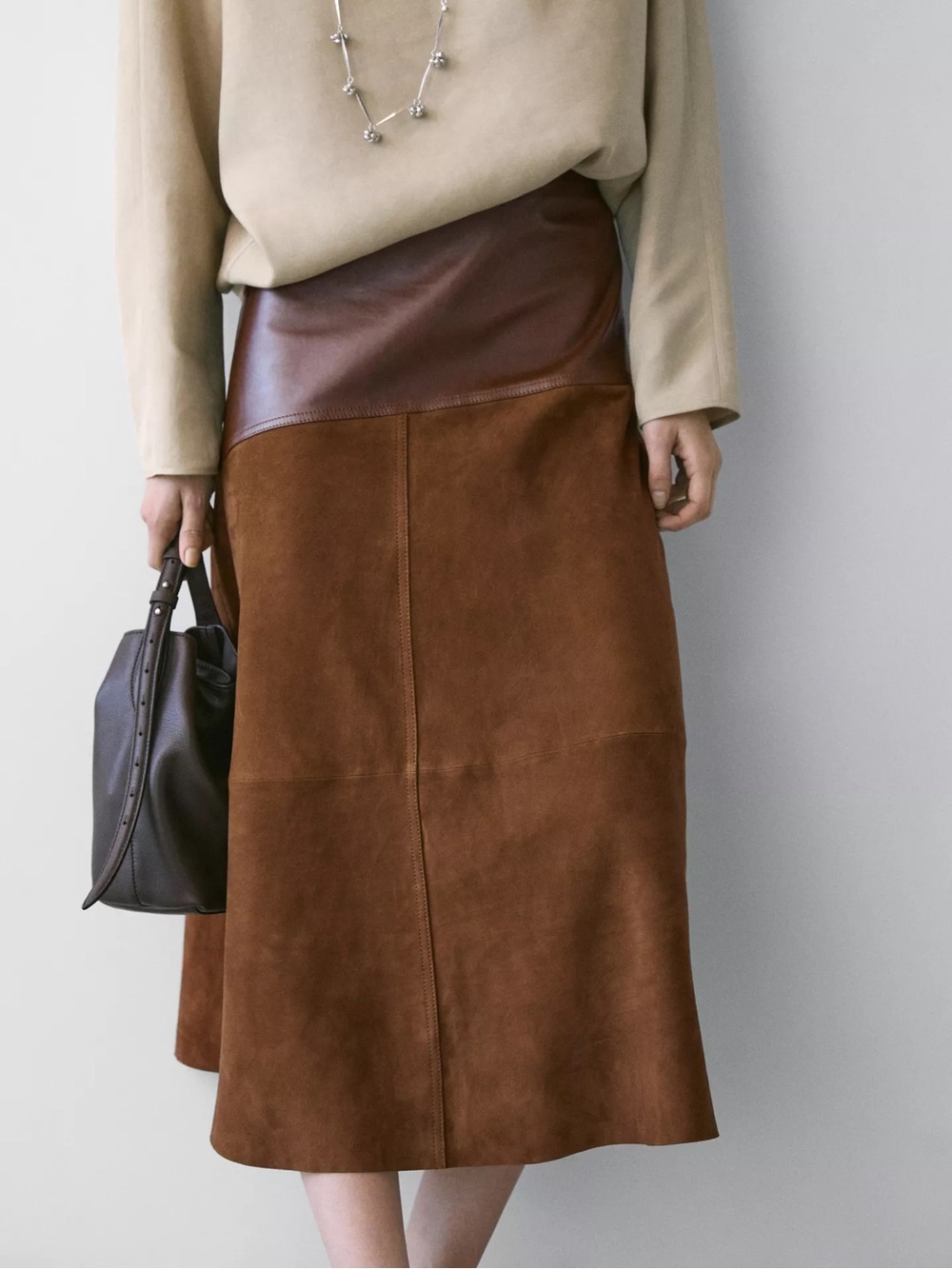 Massimo Dutti Brown Two-Tone Leather Midi Skirt